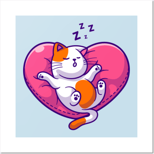 Cute Cat Sleeping On Love Pillow Cartoon Posters and Art